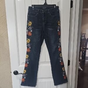 Ashley Mason Dark Blue Floral Embroidered Flare Jeans